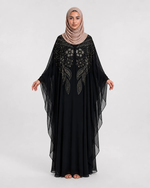 Abaya Warda Noire: Papillon Mousseline Brodée Perles