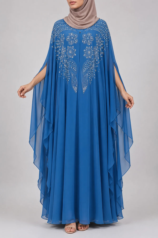 Abaya Warda Bleu: Papillon Mousseline Brodée Perles