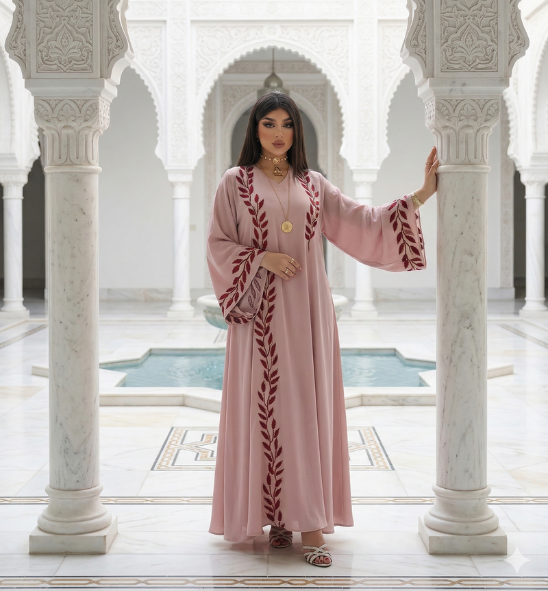 Abaya Amira Rose — Mousseline Brodée Fil d'Or & Manches Évasées