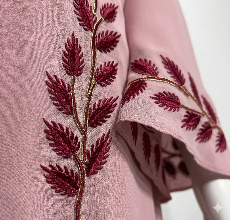 Abaya Amira Rose — Mousseline Brodée Fil d'Or & Manches Évasées