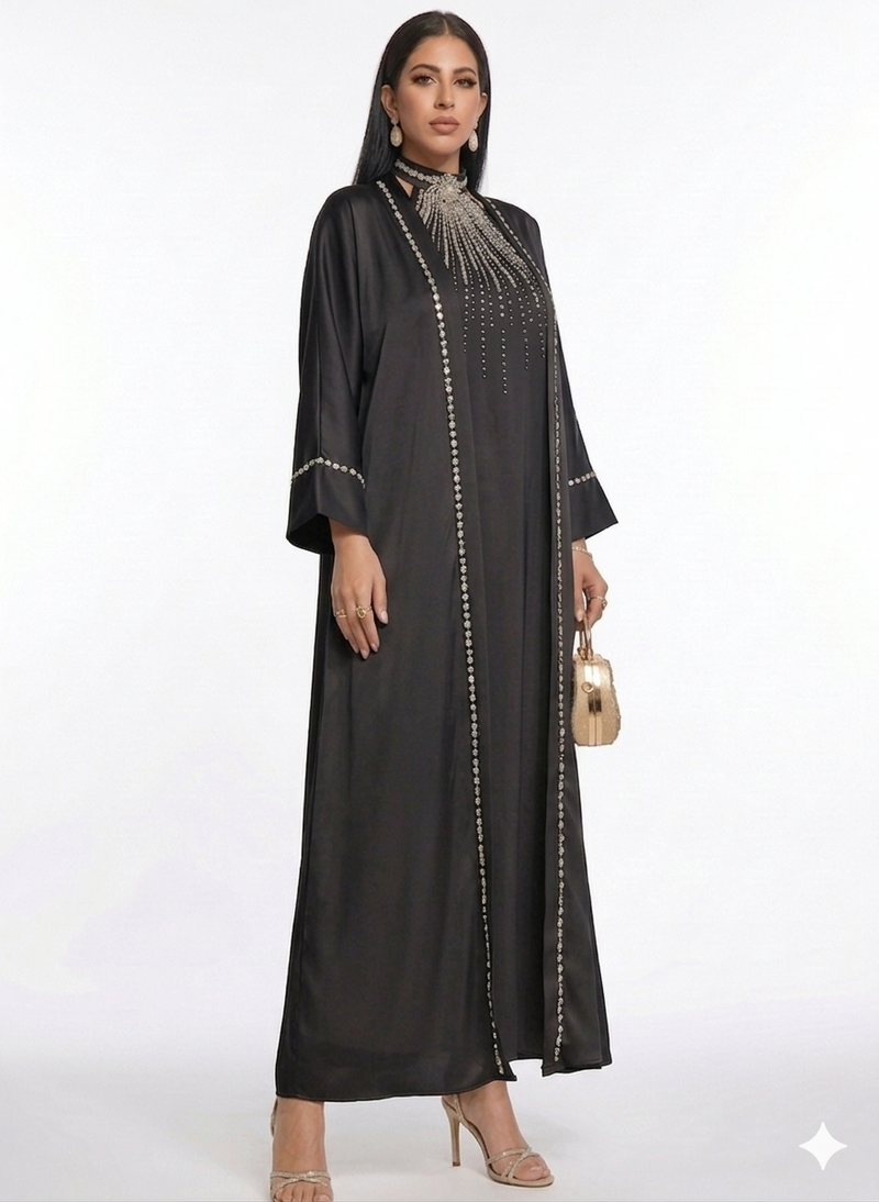 Abaya Noire Nour Prestige — Ensemble Satiné & Cristaux pour Soirée