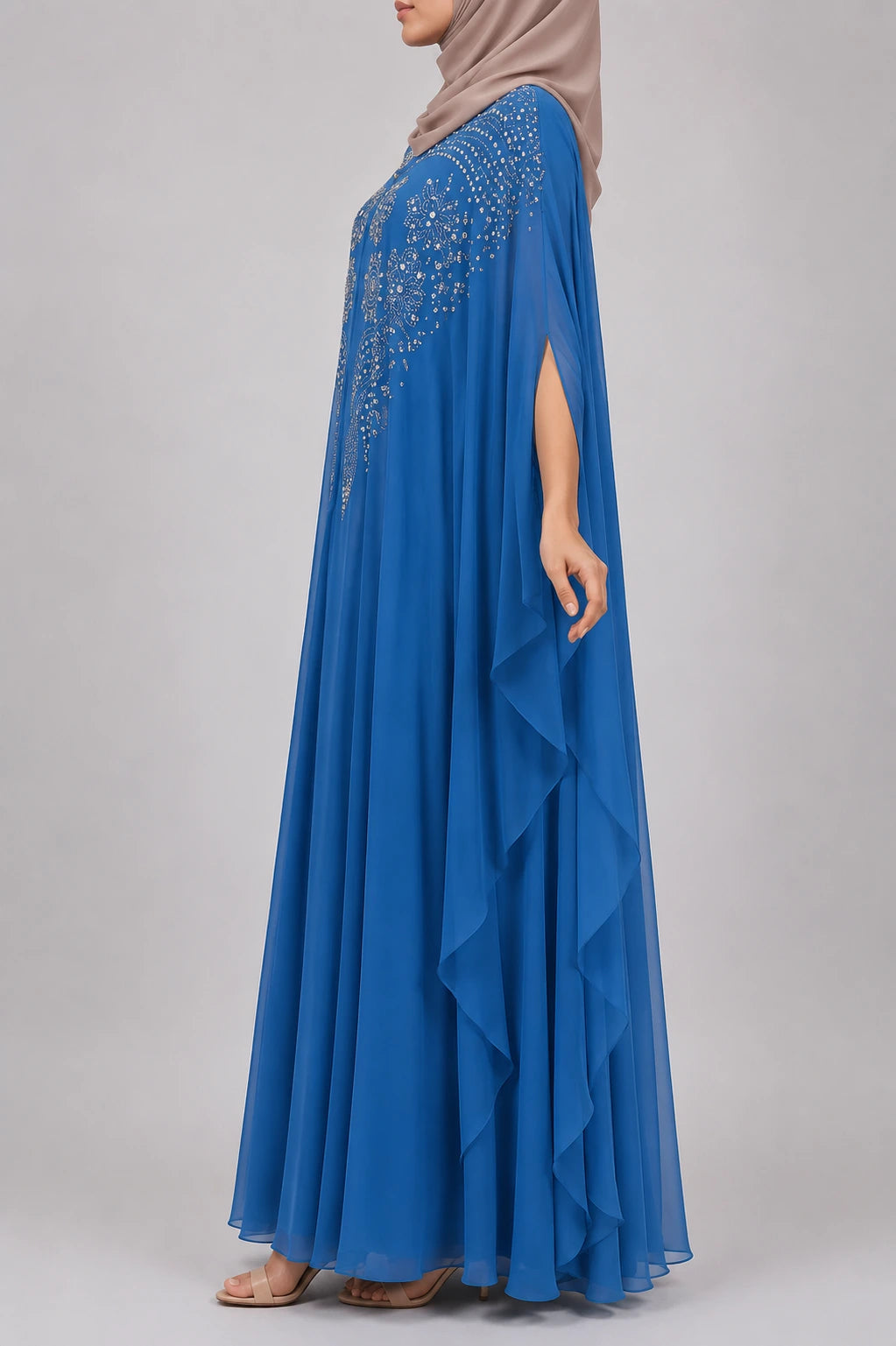 Abaya Warda Bleu: Papillon Mousseline Brodée Perles