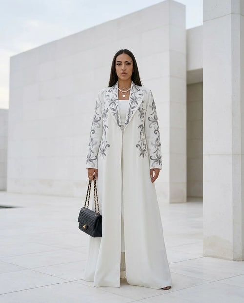 Abaya Brodée Blanche Kimono Yasmine