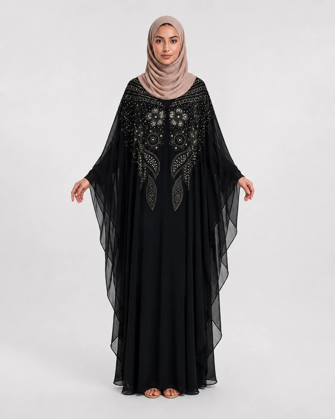Warda Black Butterfly Chiffon Beaded Abaya