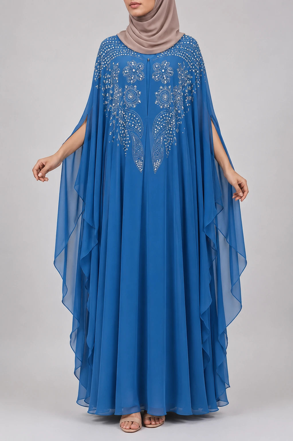 Abaya Warda Bleu: Papillon Mousseline Brodée Perles