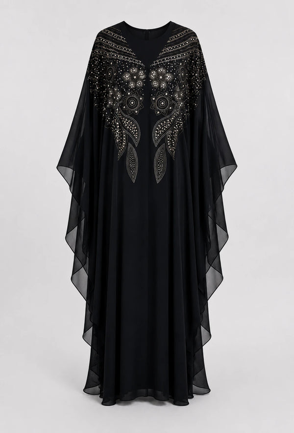 Abaya Warda Noire: Papillon Mousseline Brodée Perles
