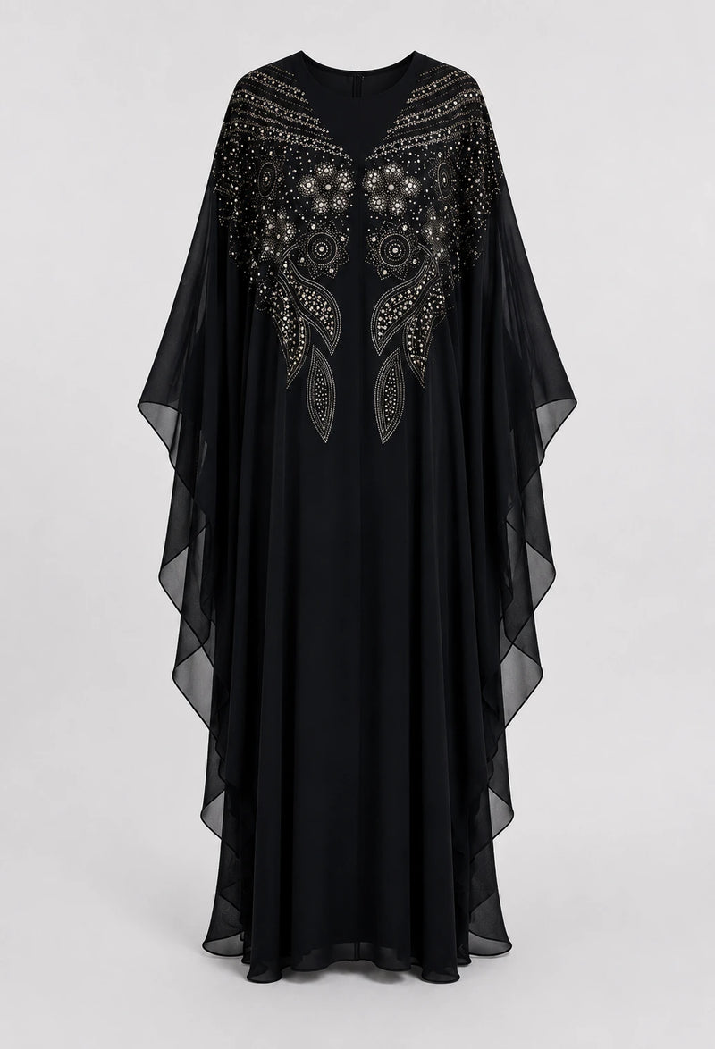 Abaya Warda Noire: Papillon Mousseline Brodée Perles
