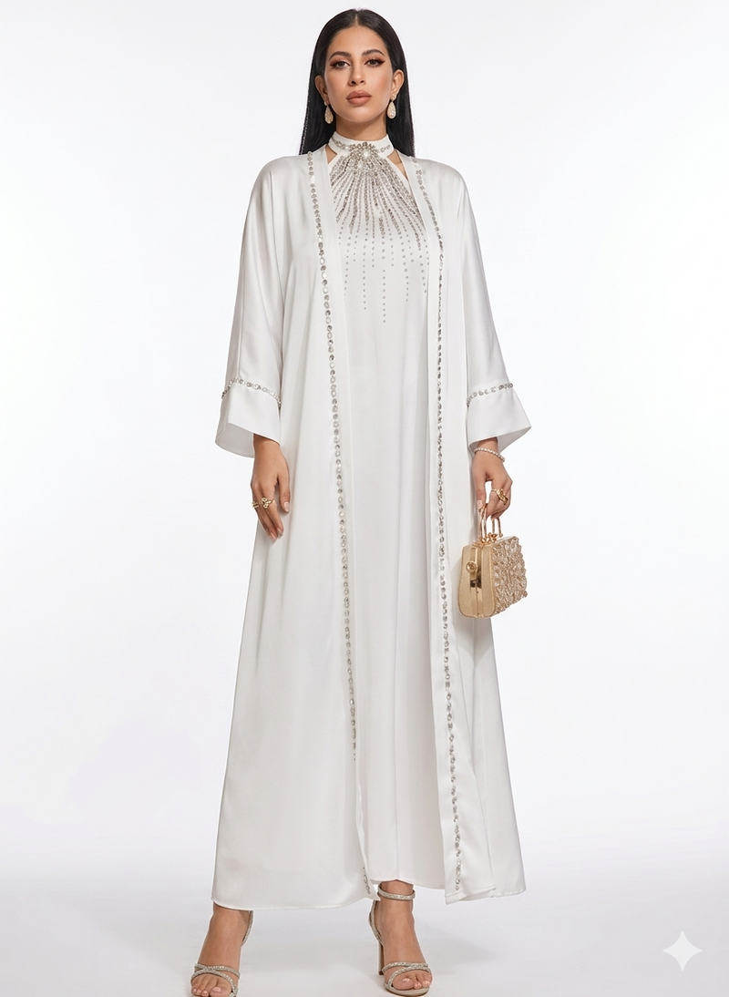 Abaya Dubaï Nour - Blanc Pur & Cristaux Étincelants