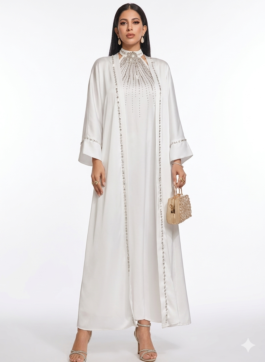 Abaya Dubaï Nour - Blanc Pur & Cristaux Étincelants