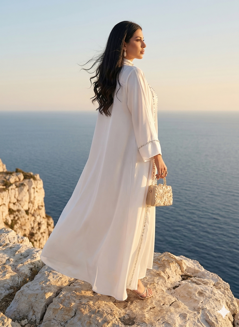 Abaya Dubaï Nour - Blanc Pur & Cristaux Étincelants