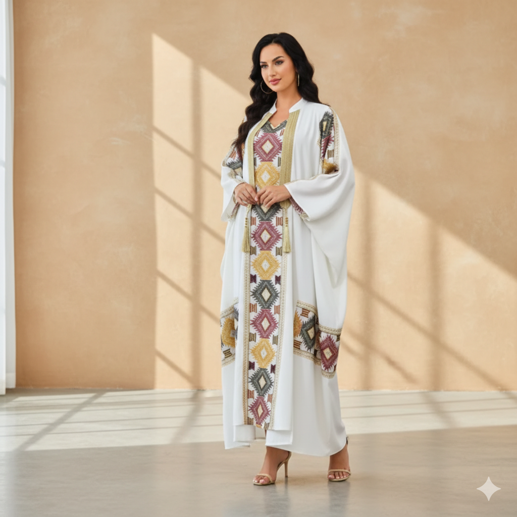 Abaya Trésor de Médina Blanche - Tenue Mariage Oriental Femme - Kimono Brodée Or et Rouge Style Caftan Moderne.