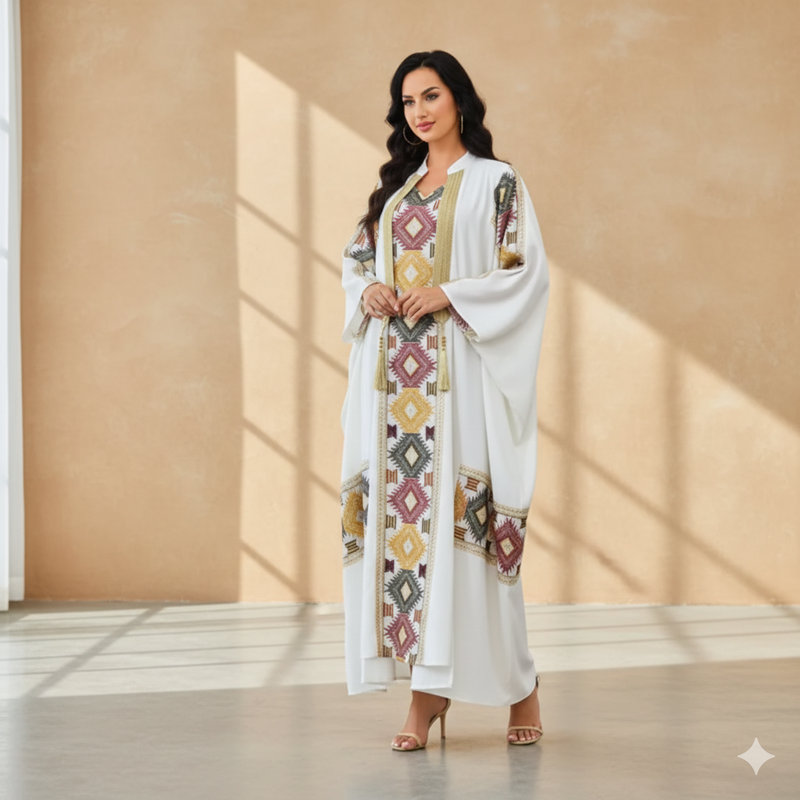 Abaya Trésor de Médina Blanche - Tenue Mariage Oriental Femme - Kimono Brodée Or et Rouge Style Caftan Moderne.