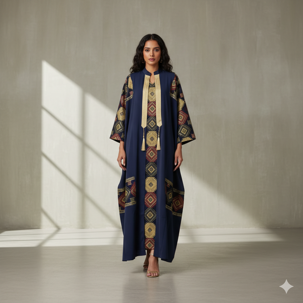 Abaya Trésor de Médina Bleu Nuit - Robe Invitée Mariage Musulman - Ensemble 2 Pièces Chic avec Broderies Dorées.