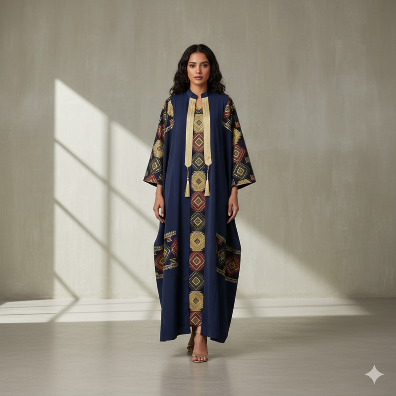 Abaya Trésor de Médina Bleu Nuit - Robe Invitée Mariage Musulman - Ensemble 2 Pièces Chic avec Broderies Dorées.