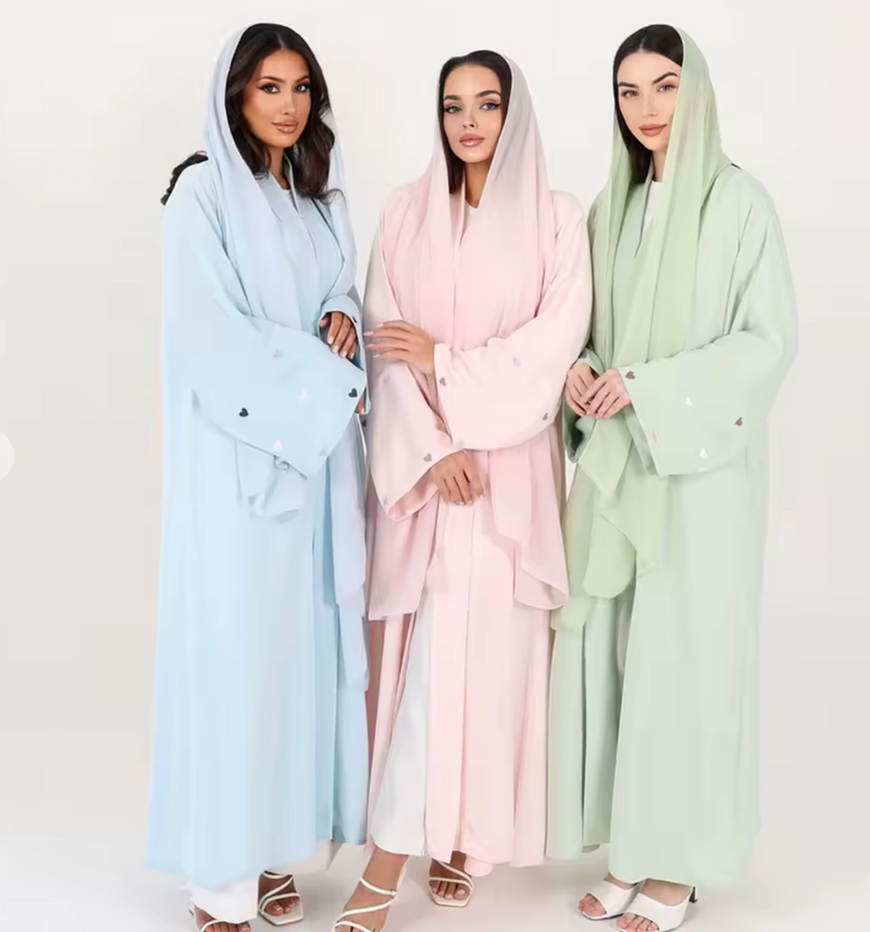 Cœur de Nida - Abaya Ouverte Brodée Manches Cœur + Voile Offert