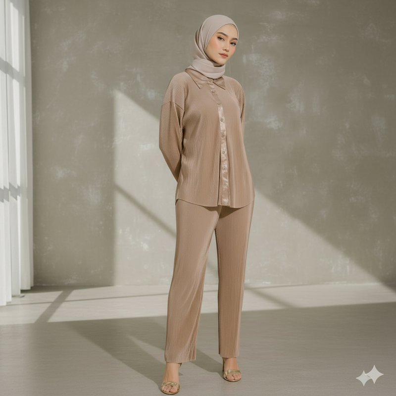 Ensemble Layali Beige Sable - Look Quiet Luxury Modest Fashion - Set Coordonné Femme Musulmane Tissu Fluide Opaque.