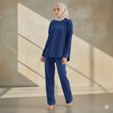  Ensemble Layali Bleu Roi - Abaya Deux Pièces Moderne - Tissu Micro-Plissé Brillant pour Événement et Mariage.