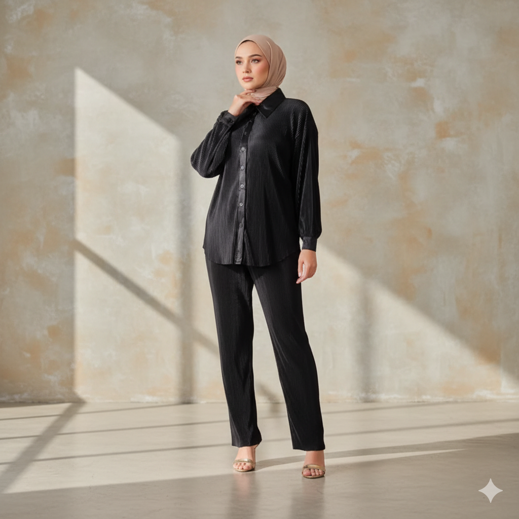 Ensemble Layali Noir - Tenue Mastour Chic Femme Voilée - Tunique et Pantalon Plissé Satiné Bureau et Soirée.