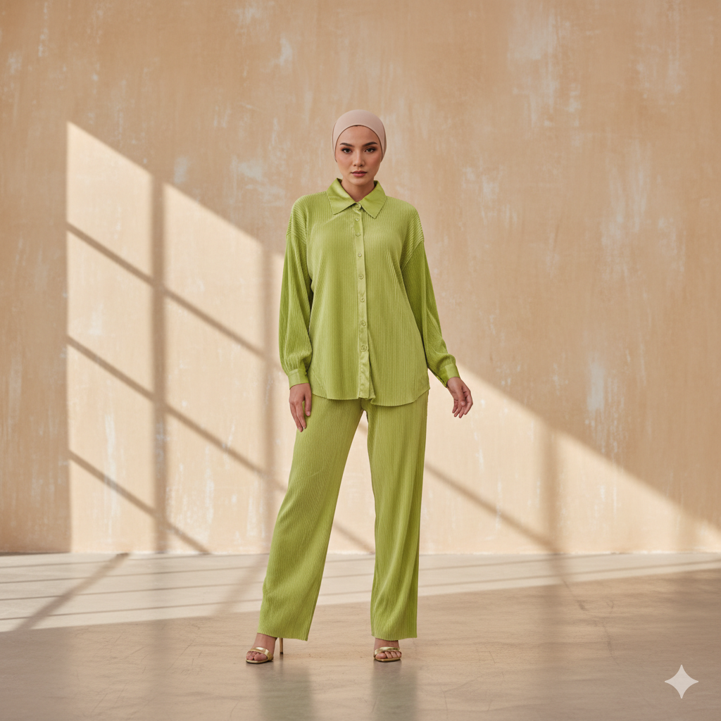  Ensemble Layali Vert Anis - Outfit Été 2026 Femme Moderne - Chemise Longue et Pantalon Large Plissé Tendance.