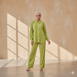  Ensemble Layali Vert Anis - Outfit Été 2026 Femme Moderne - Chemise Longue et Pantalon Large Plissé Tendance.