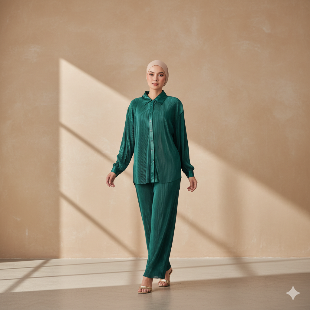 Ensemble Layali Vert Foncé - Vêtement Islamique Femme Classe - Style Kimono et Pantalon Coupe Droite Satin.