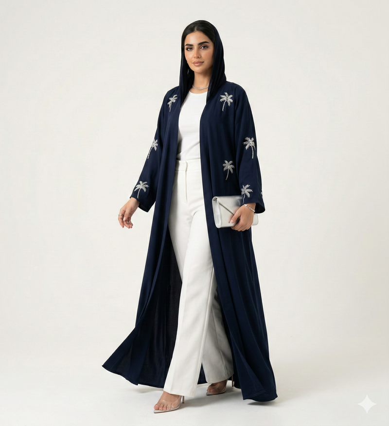 Abaya Palmeraie – Abaya Ouverte & Broderies Palmiers Haute Densité