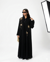 Nuit de Dubaï - Abaya Ouverte Noire Brodée Palmiers Dorés