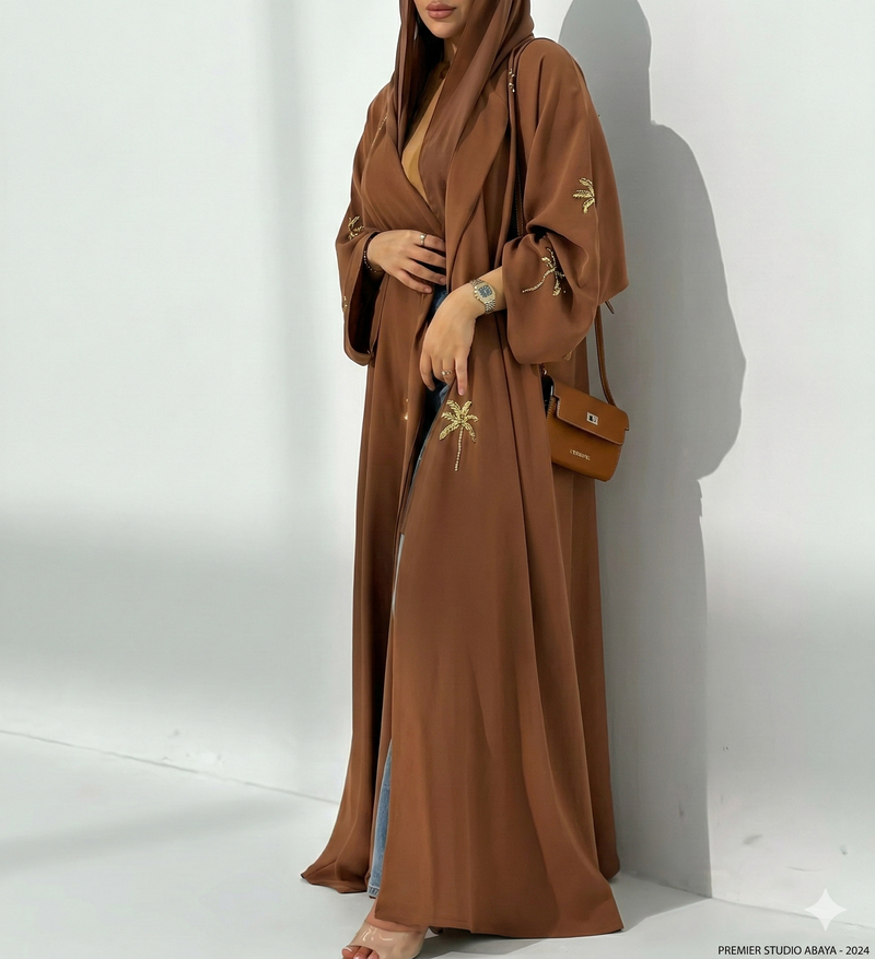 Abaya Palmeraie – Abaya Ouverte & Broderies Palmiers Haute Densité