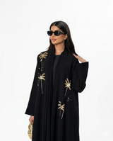 Nuit de Dubaï - Abaya Ouverte Noire Brodée Palmiers Dorés