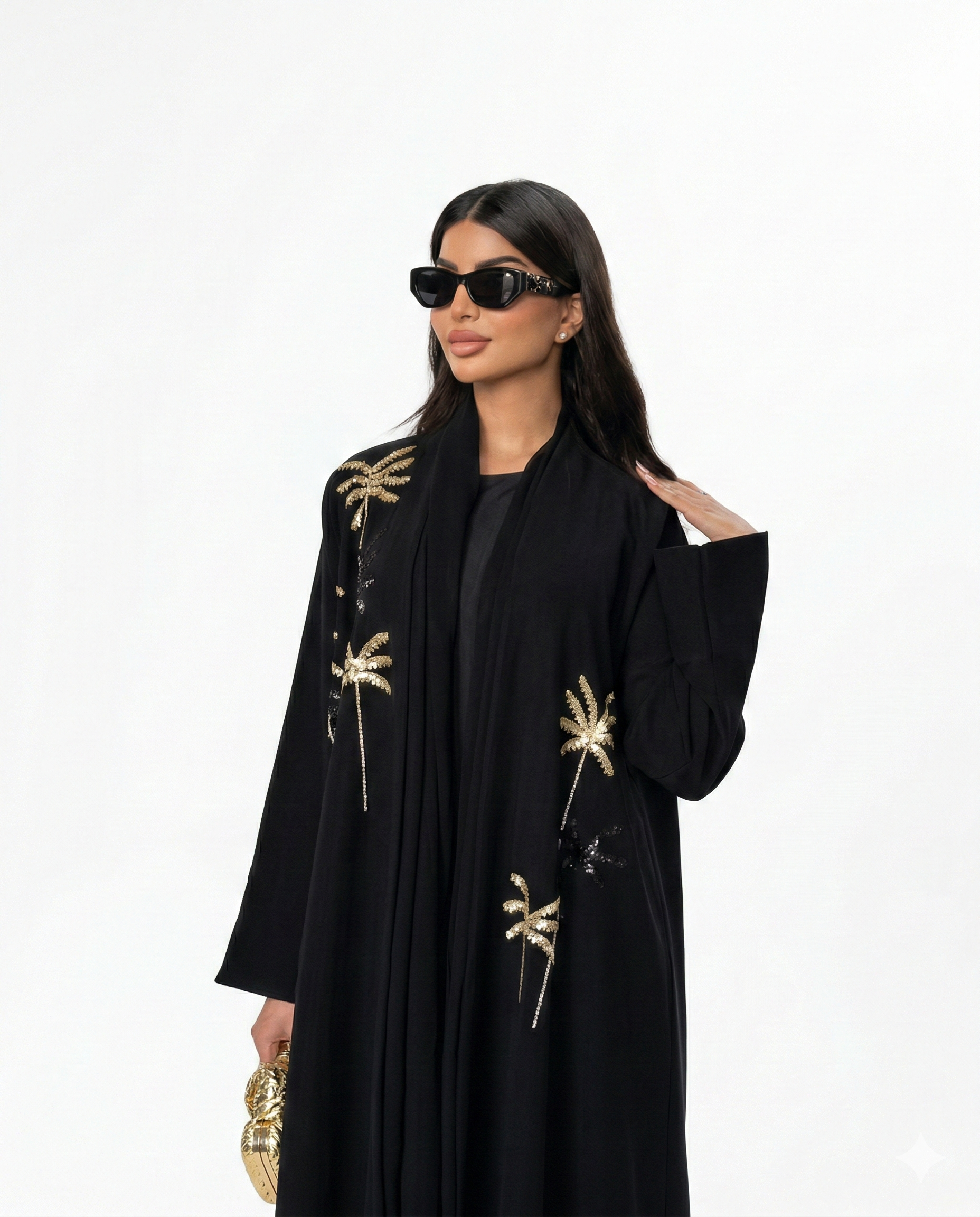 Nuit de Dubaï - Abaya Ouverte Noire Brodée Palmiers Dorés