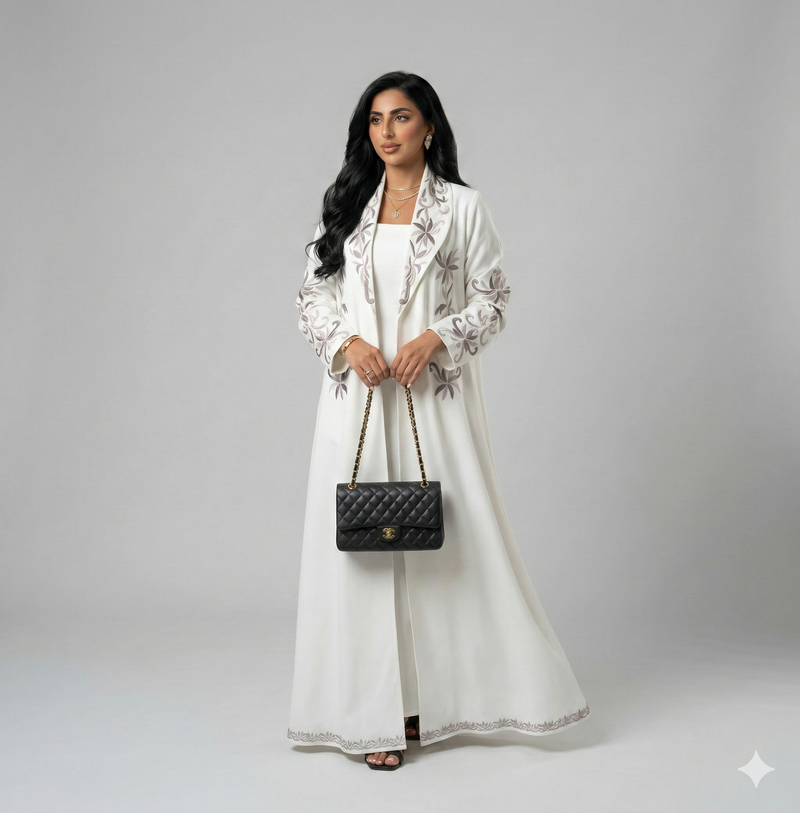Abaya Épure Florale – Abaya Ouverte à Broderies Artisanales