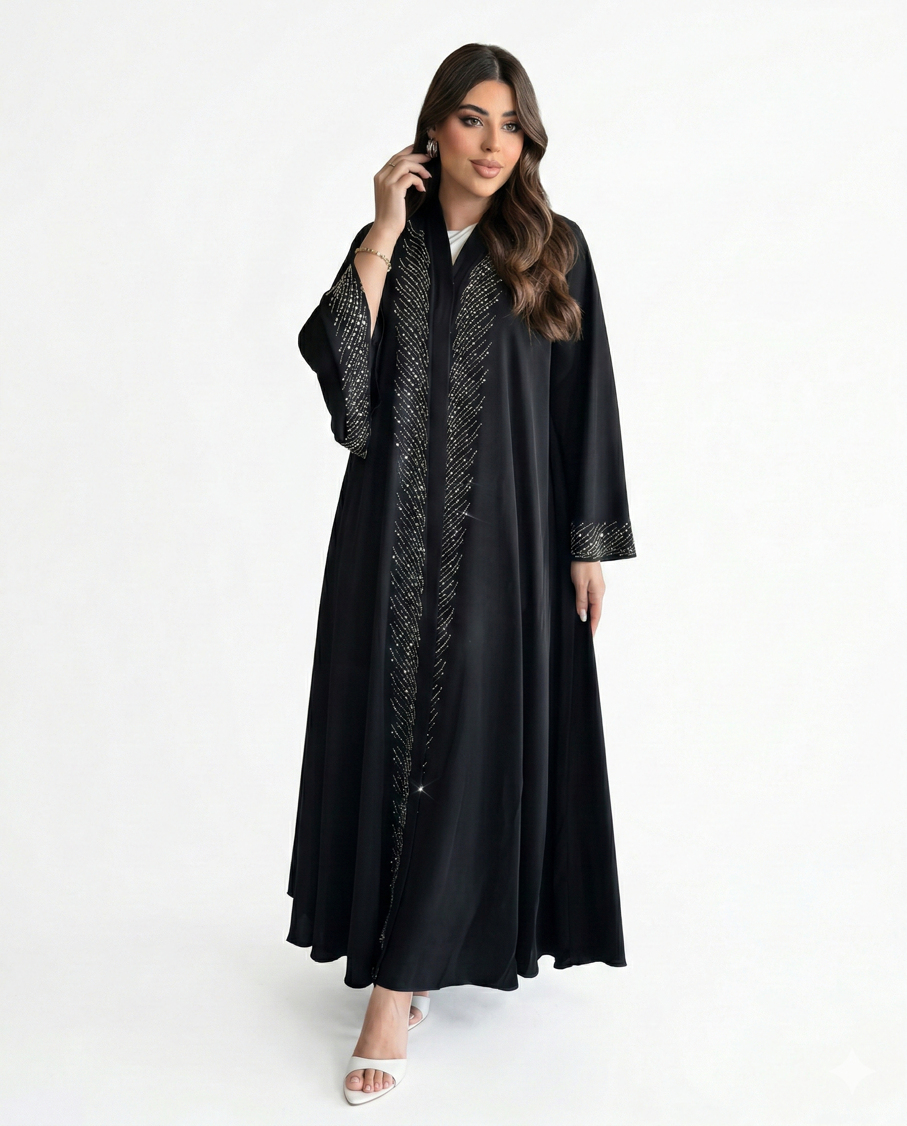 Éclat d'Argent - Abaya Ouverte Noire Strass Diagonaux