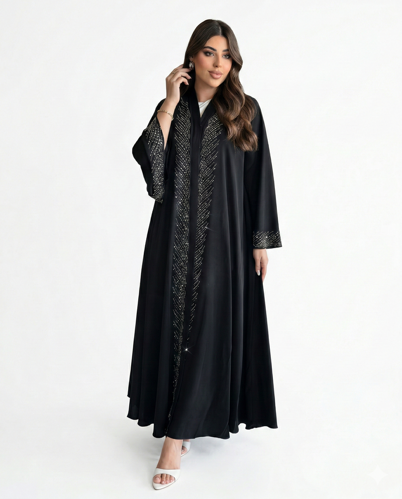 Éclat d'Argent - Abaya Ouverte Noire Strass Diagonaux