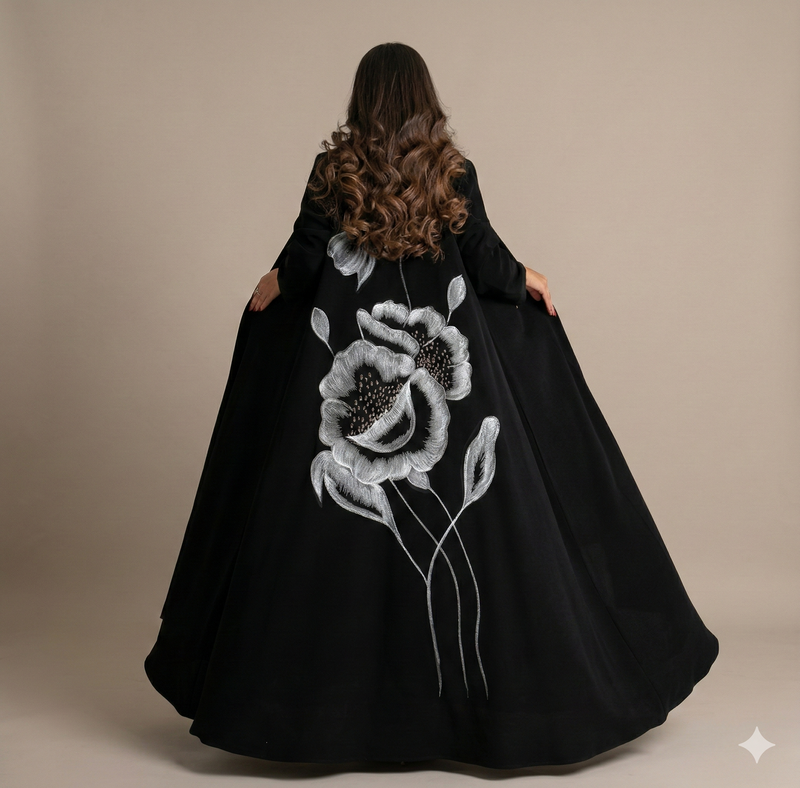 Abaya Lueur d’Aurore – Abaya Ouverte à Broderies Florales & Finitions Perles