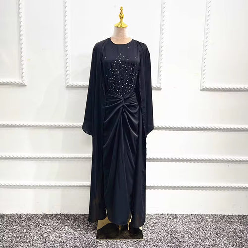 Ensemble abaya 3 pièces perlé noir Jamila en Nida Maison Ayla