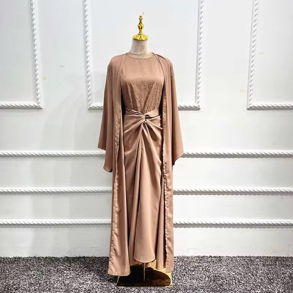 Ensemble abaya 3 pièces perlé marron doré Jamila en Nida Maison Ayla