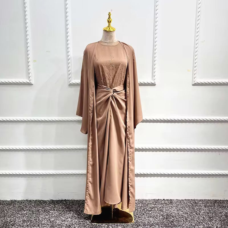 Ensemble abaya 3 pièces perlé marron doré Jamila en Nida Maison Ayla