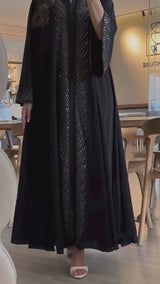 Éclat d'Argent - Abaya Ouverte Noire Strass Diagonaux